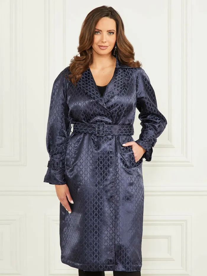 Jackets and Coats Satin Trench Coat Monogram Secret Blue 8211 GUESS Women
