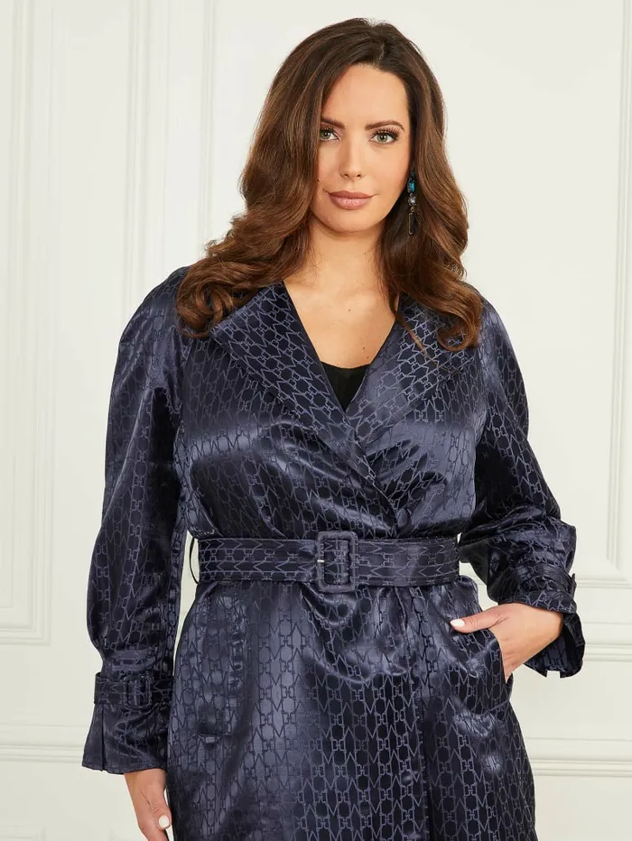 Jackets and Coats Satin Trench Coat Monogram Secret Blue 8211 GUESS Women Jackets and Coats Satin Trench Coat Monogram Secret Blue 8211 GUESS Women