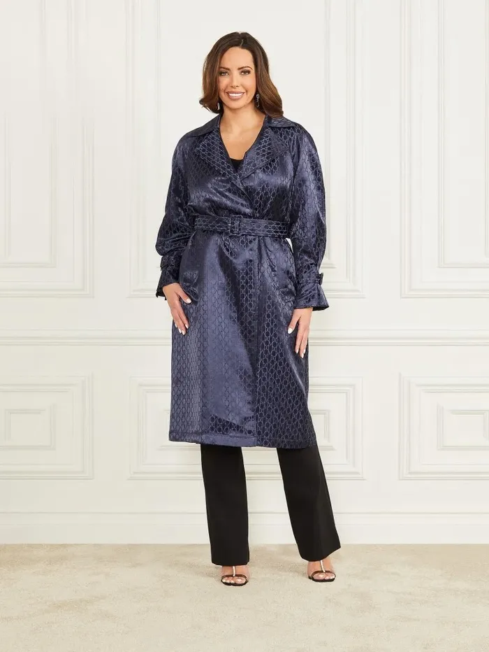 Jackets and Coats Satin Trench Coat Monogram Secret Blue 8211 GUESS Women Jackets and Coats Satin Trench Coat Monogram Secret Blue 8211 GUESS Women