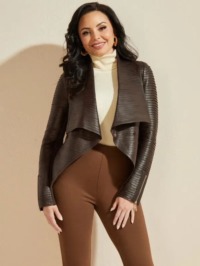 Jackets and Coats Shayna Drape Leather Jacket Burnt Wood Multi 8211 GUESS Women
