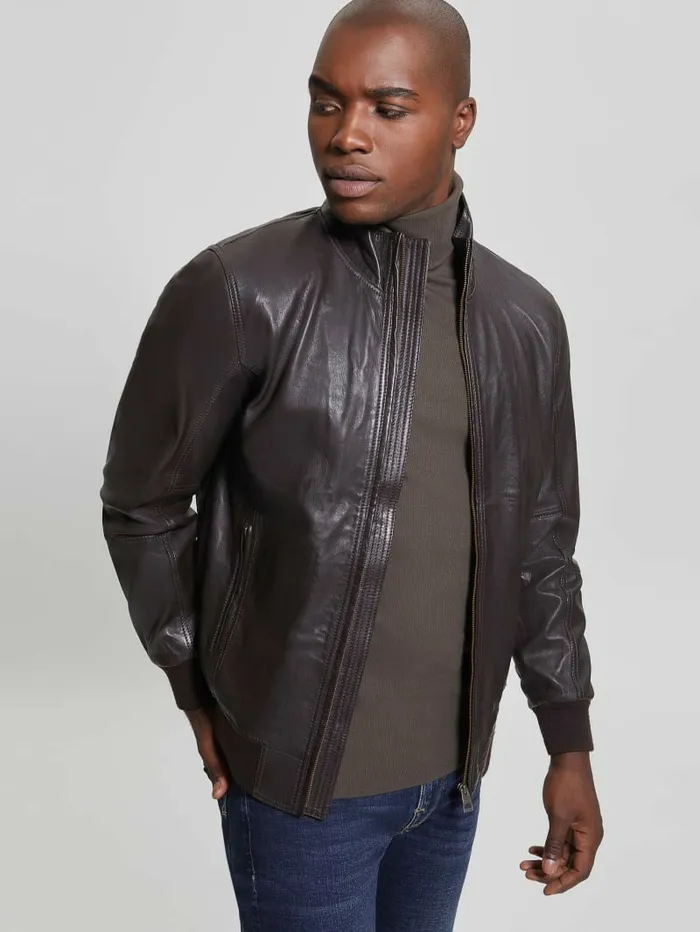 Jackets and Coats Soft Leather Jacket Bark Brown GUESS Men