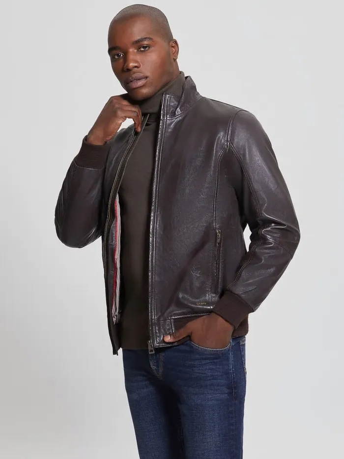 Jackets and Coats Soft Leather Jacket Bark Brown GUESS Men