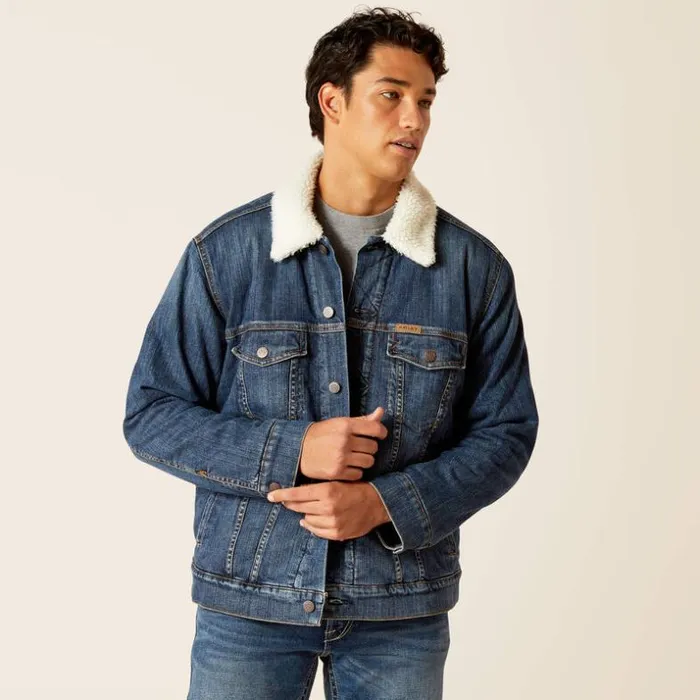 Jackets and Vests Men Ariat Sherpa Lined Trucker Jacket Blue Rockblue Rock