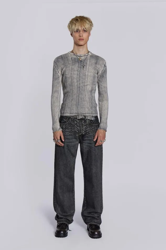 Jaded London Baggy Jeans Men Puncture Jeans Grey