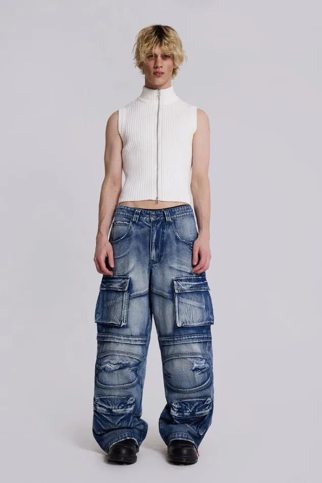Jaded London Cargo Pants Men Light Wash Apex Denim Cargos Blue