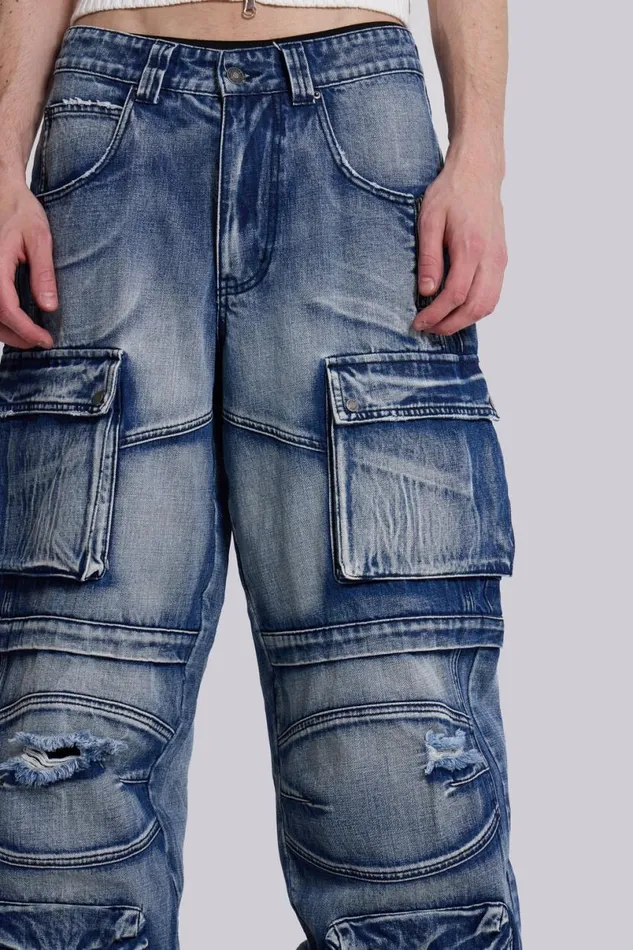 Jaded London Cargo Pants Men Light Wash Apex Denim Cargos Blue
