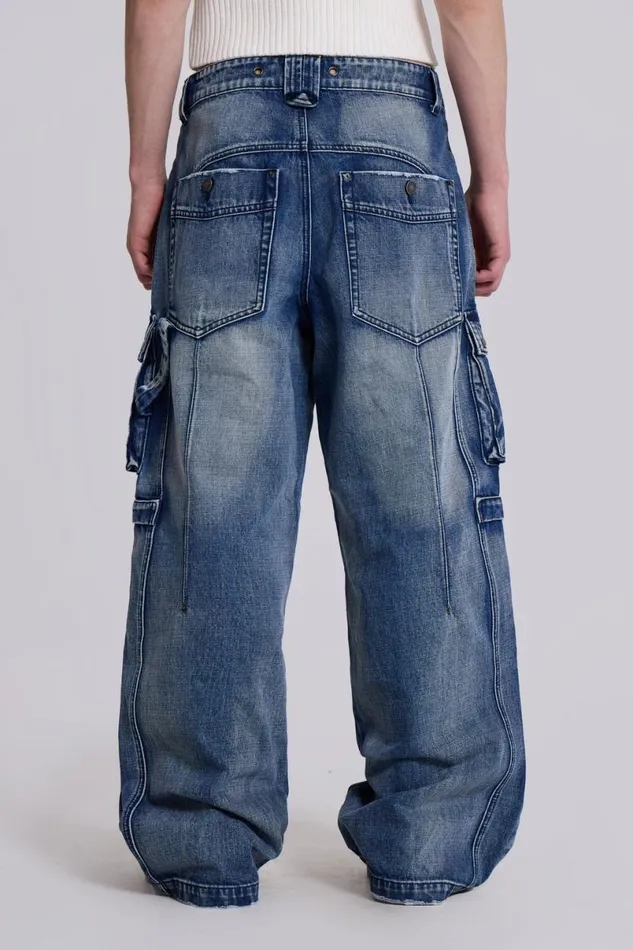 Jaded London Cargo Pants Men Light Wash Apex Denim Cargos Blue