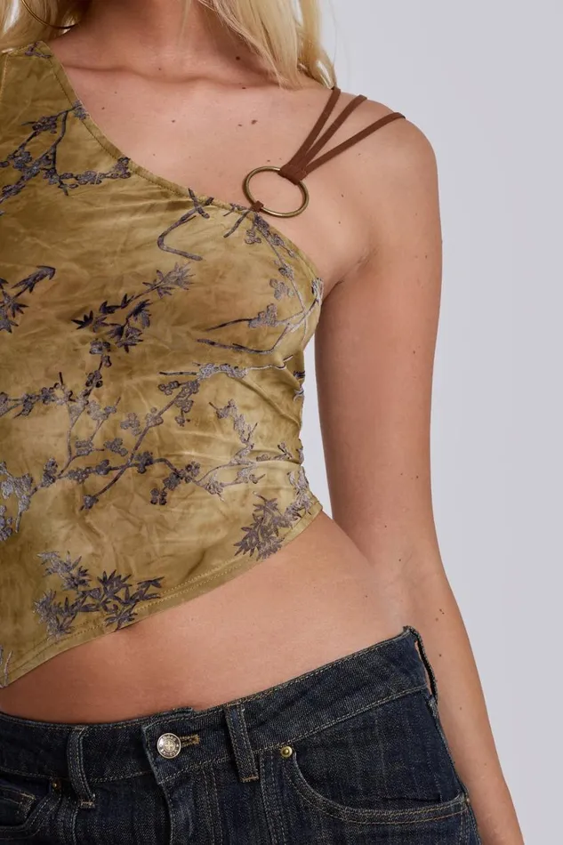 Jaded London Crop Tops Women Ophidian Devore Asymmetric Top Brown