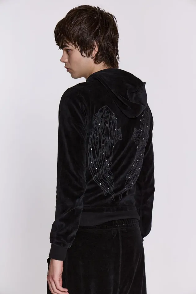 Jaded London Hoodies and Sweatshirts Men Angel Black Velour Zip Hoodie Black
