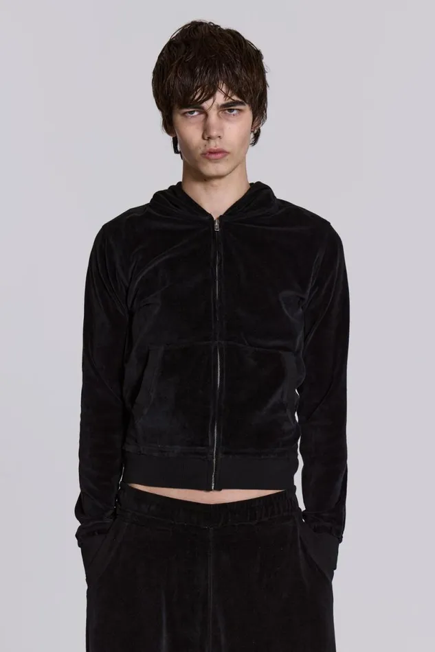 Jaded London Hoodies and Sweatshirts Men Angel Black Velour Zip Hoodie Black