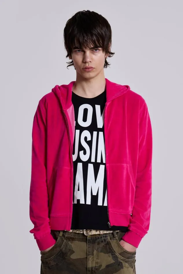 Jaded London Hoodies and Sweatshirts Men Low Life Hot Pink Velour Hoodie Pink