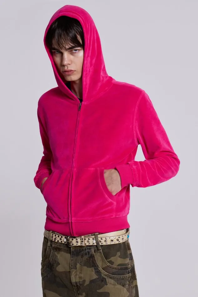 Jaded London Hoodies and Sweatshirts Men Low Life Hot Pink Velour Hoodie Pink