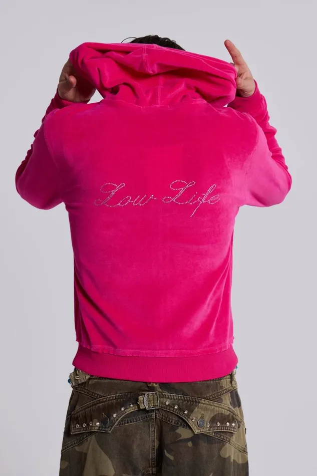 Jaded London Hoodies and Sweatshirts Men Low Life Hot Pink Velour Hoodie Pink