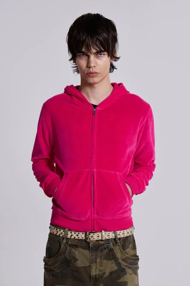 Jaded London Hoodies and Sweatshirts Men Low Life Hot Pink Velour Hoodie Pink
