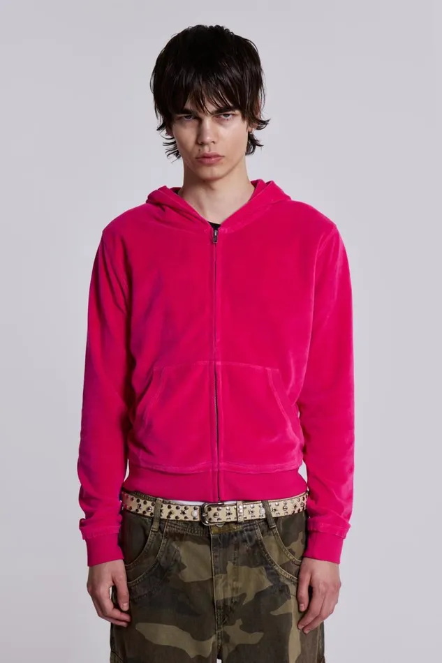 Jaded London Hoodies and Sweatshirts Men Low Life Hot Pink Velour Hoodie Pink