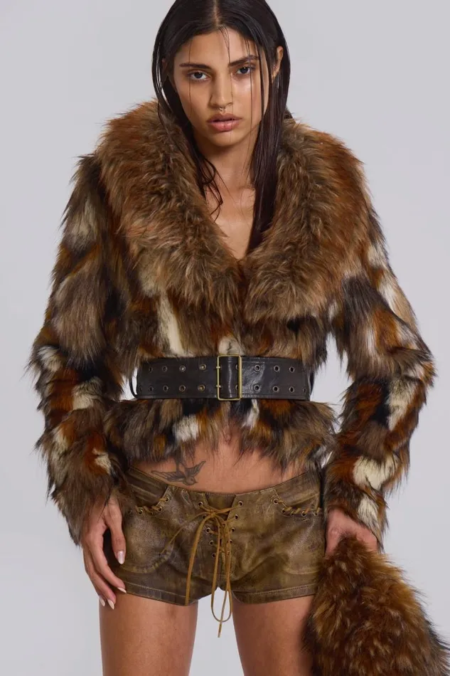 Jaded London Jackets Women Mesconda Faux Fur Belted Jacket Brown