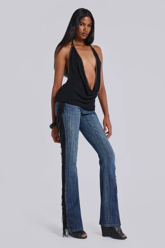 Jaded London Jeans Women El Topo Fringe Bootcut Jeans Blue