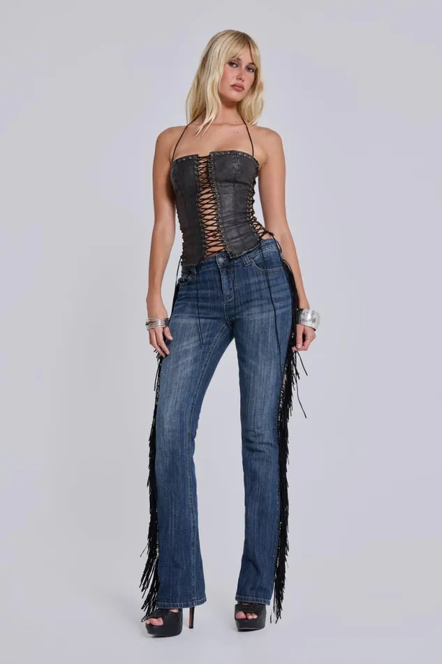 Jaded London Jeans Women El Topo Fringe Bootcut Jeans Blue