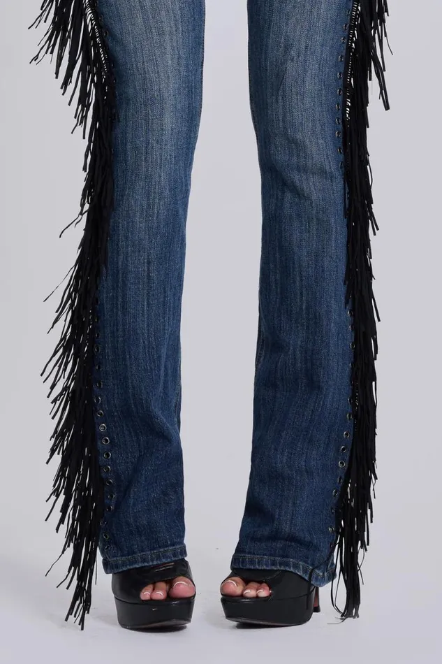 Jaded London Jeans Women El Topo Fringe Bootcut Jeans Blue