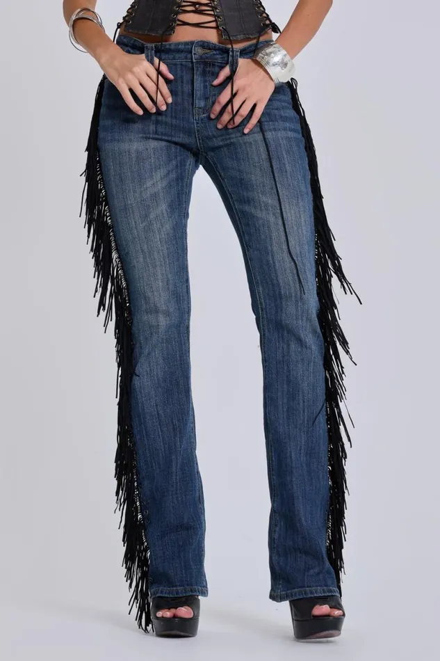 Jaded London Jeans Women El Topo Fringe Bootcut Jeans Blue
