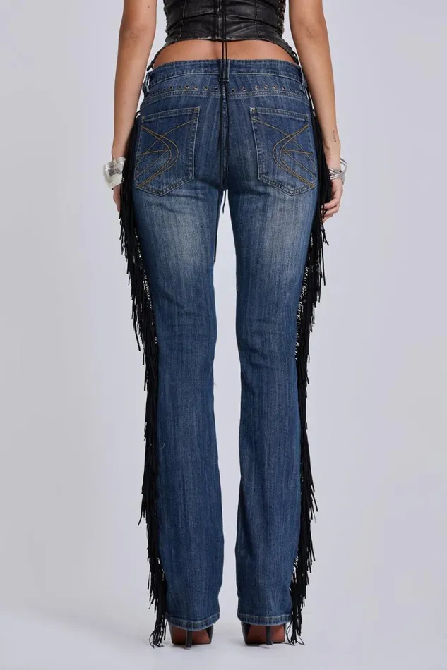 Jaded London Jeans Women El Topo Fringe Bootcut Jeans Blue
