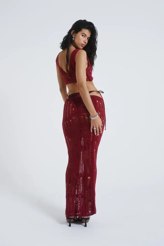 Jaded London Knitwear Women Odette Laddered Knit Maxi Skirt Red