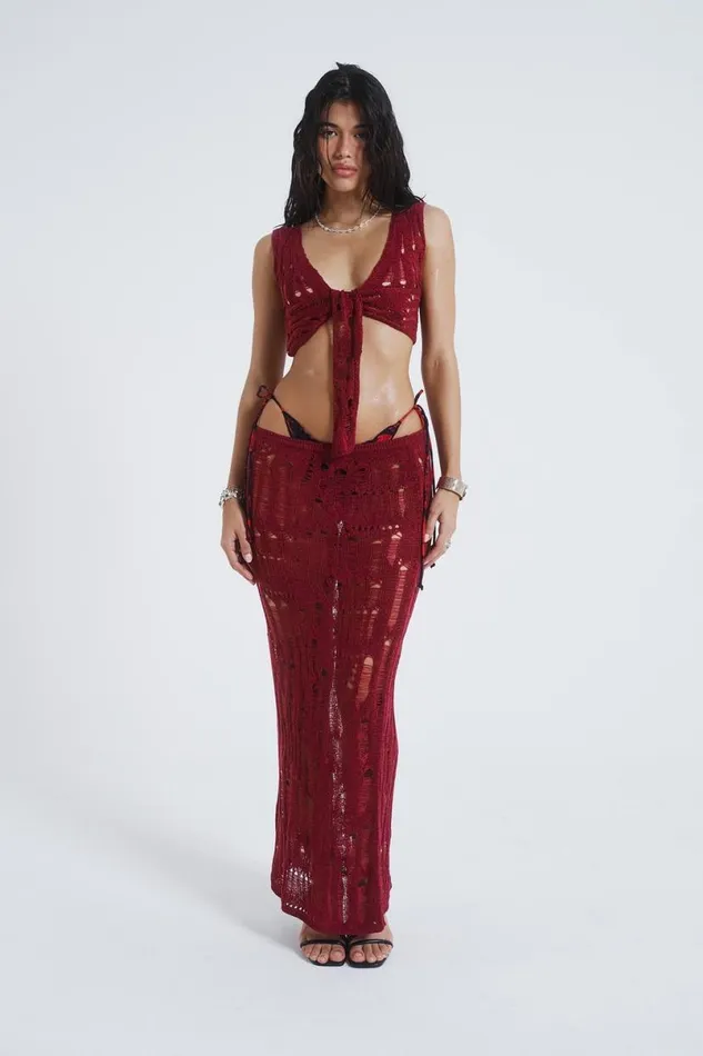 Jaded London Knitwear Women Odette Laddered Knit Maxi Skirt Red