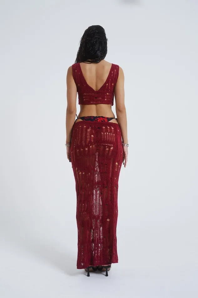 Jaded London Knitwear Women Odette Laddered Knit Maxi Skirt Red