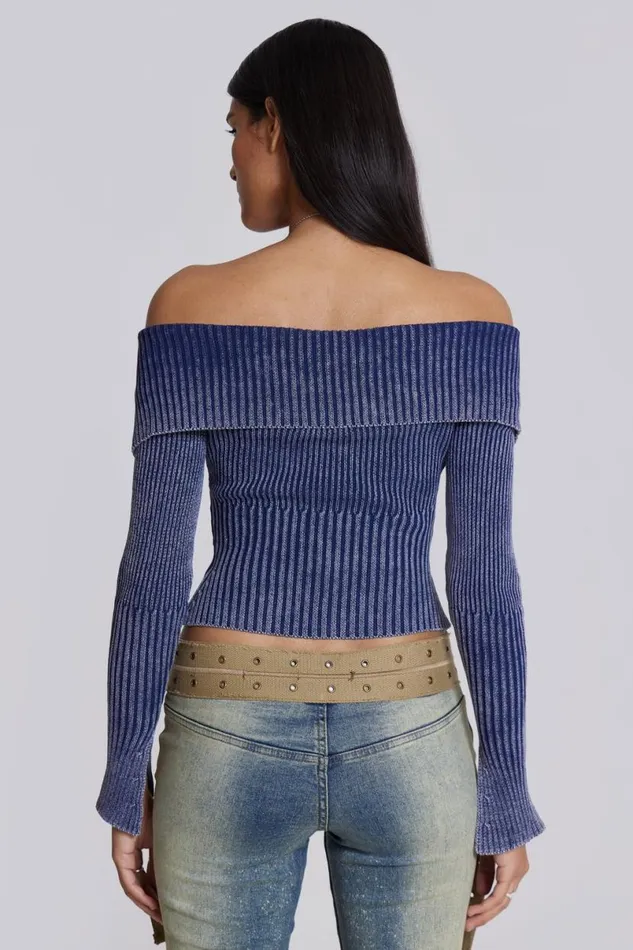 Jaded London Knitwear Women Tribeca Blue Ribbed Off The Shoulder Knit Blue