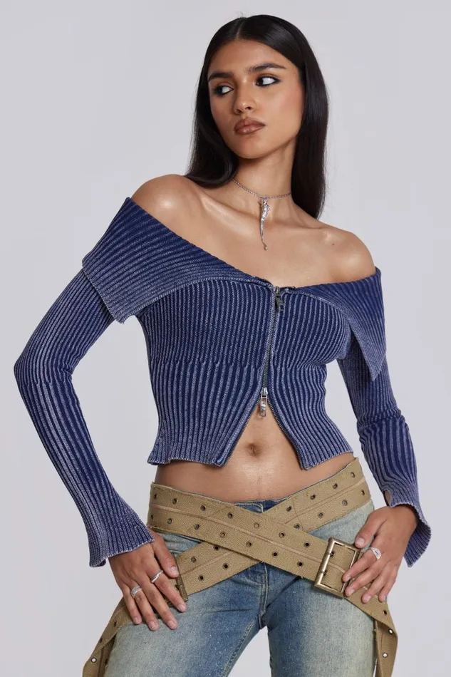 Jaded London Knitwear Women Tribeca Blue Ribbed Off The Shoulder Knit Blue
