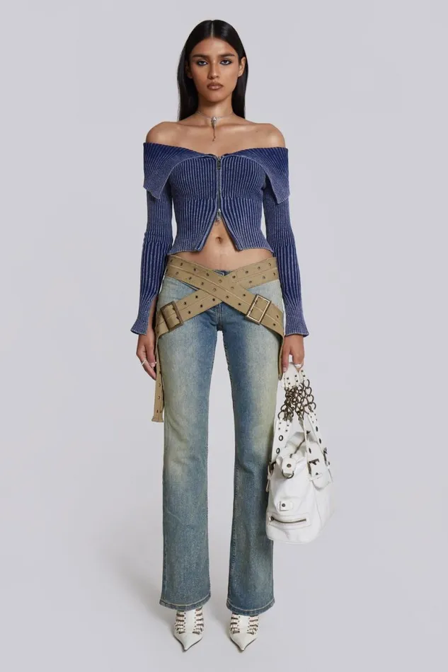 Jaded London Knitwear Women Tribeca Blue Ribbed Off The Shoulder Knit Blue