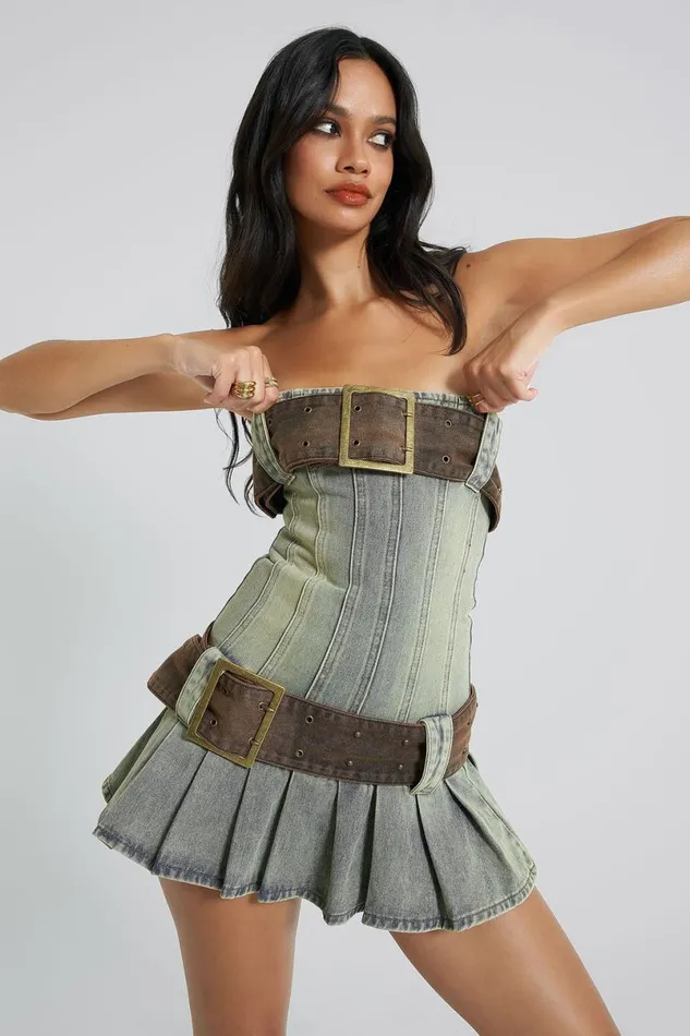 Jaded London Mini Dresses Women Chelsea Denim Kilt Mini Dress Blue