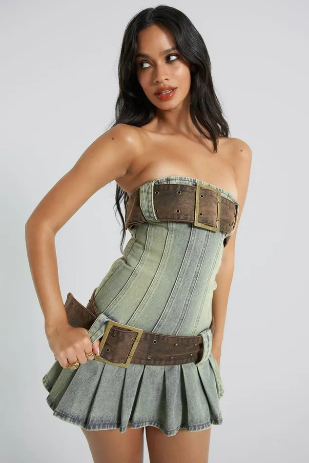 Jaded London Mini Dresses Women Chelsea Denim Kilt Mini Dress Blue