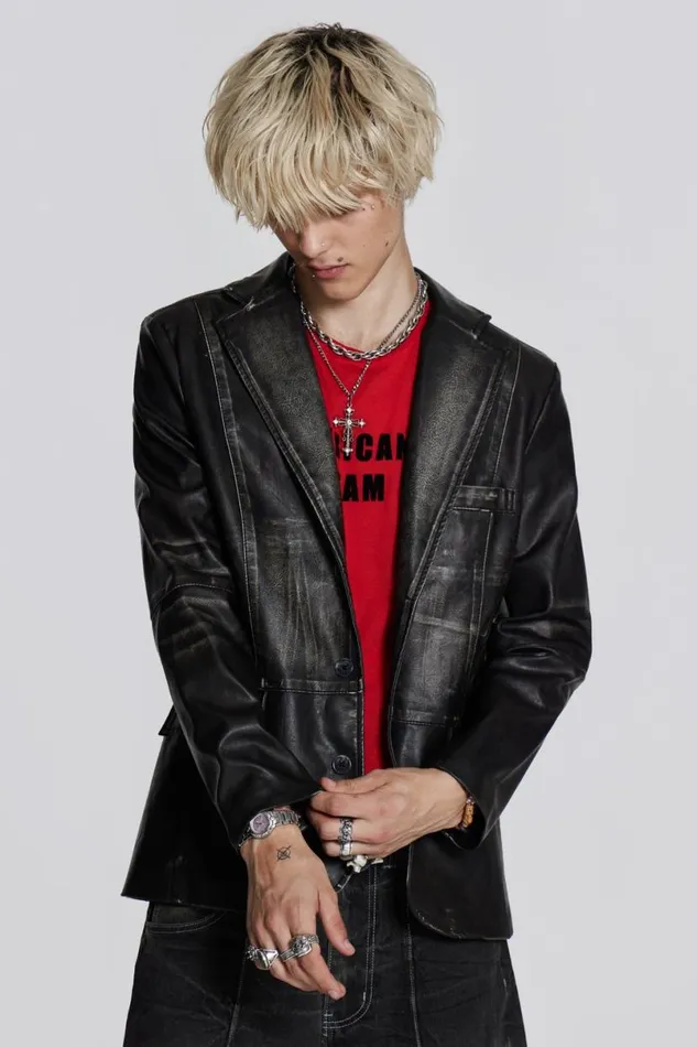 Jaded London Outerwear Men Ash Faux Leather Blazer Black