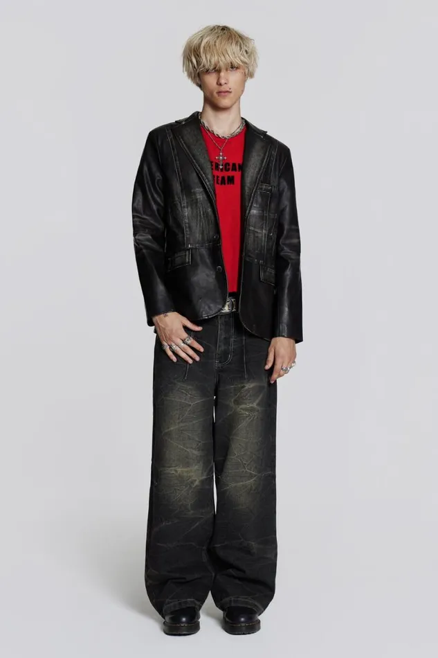 Jaded London Outerwear Men Ash Faux Leather Blazer Black