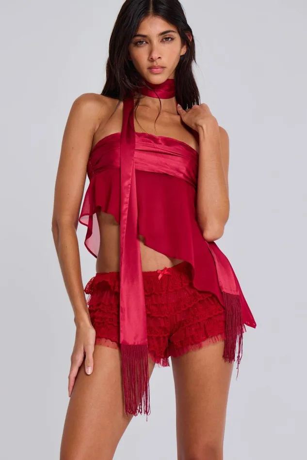 Jaded London Shorts and Jorts Women Scarlet Red Rhea Lace Bloomer Shorts Red