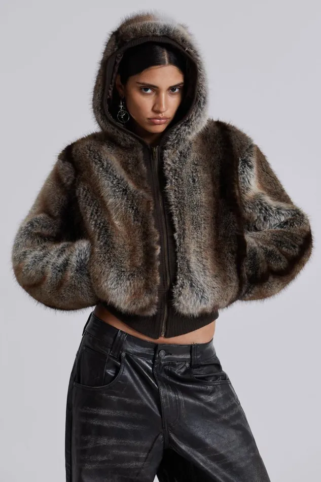 Jaded London Unisex UnisexMen Bear Faux Fur Hooded Jacket Brown
