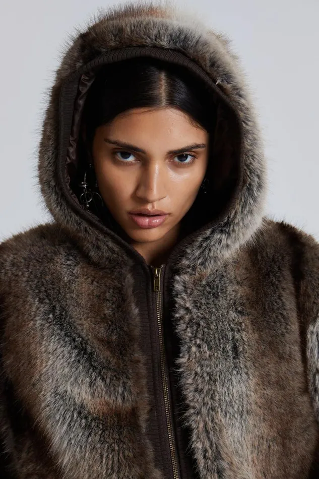 Jaded London Unisex UnisexMen Bear Faux Fur Hooded Jacket Brown