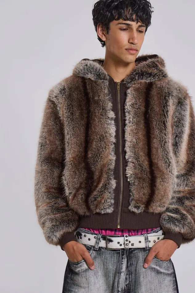 Jaded London Unisex UnisexMen Bear Faux Fur Hooded Jacket Brown
