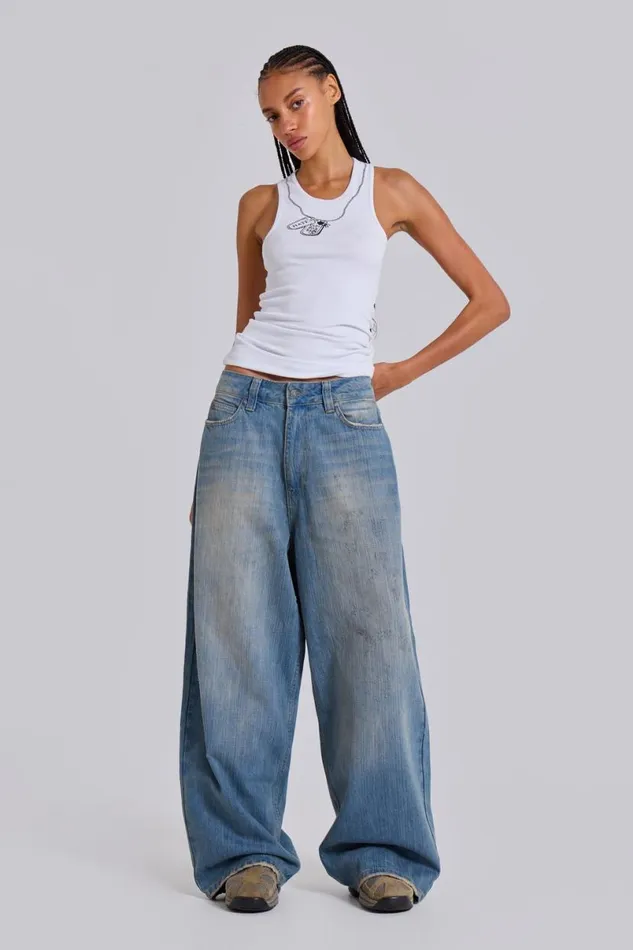 Jaded London Unisex UnisexMen Light Wash Slub XL Colossus Jeans Blue