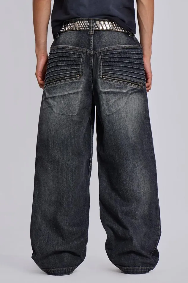 Jaded London Unisex UnisexMen Washed Black Crash Biker Colossus Jeans Blue