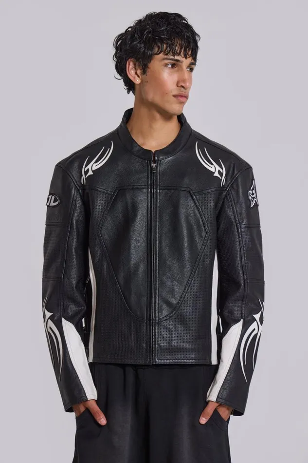 Jaded London Unisex UnisexWomen Crash Leather Biker Jacket Blackwhite