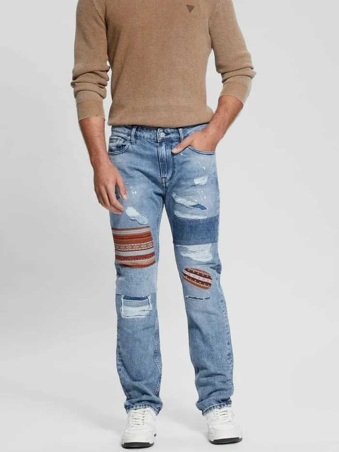 Jeans and Denim GUESS Men Distressed Patch Straight Jeans Mesa Pop Jeans and Denim GUESS Men Distressed Patch Straight Jeans Mesa Pop