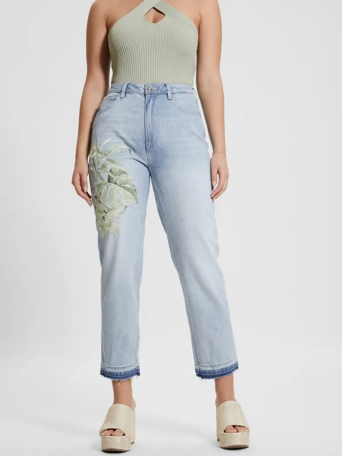 Jeans and Denim Women GUESS Eco Satin Artwork Denim Mom Jeans Sunset Flower