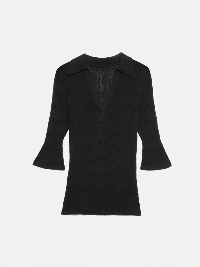 Jigsaw Collar Knitted Top Black Women Shirts and Tops