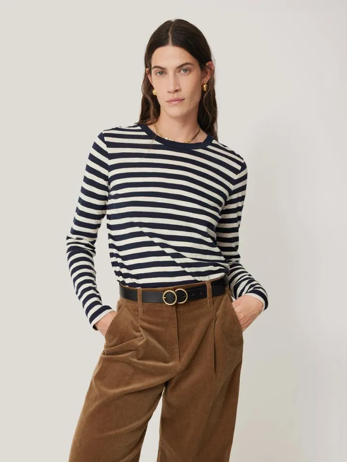 Jigsaw Cotton Slub Stripe Long Sleeve Tee Navy Women Shirts and Tops