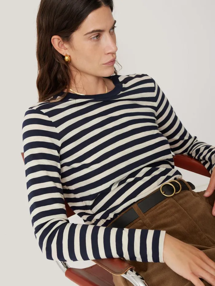 Jigsaw Cotton Slub Stripe Long Sleeve Tee Navy Women Shirts and Tops