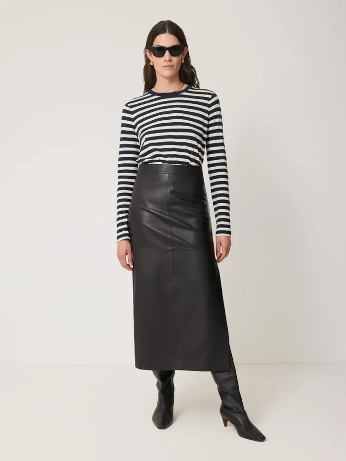 Jigsaw Cotton Slub Stripe Long Sleeve Tee Navy Women Shirts and Tops