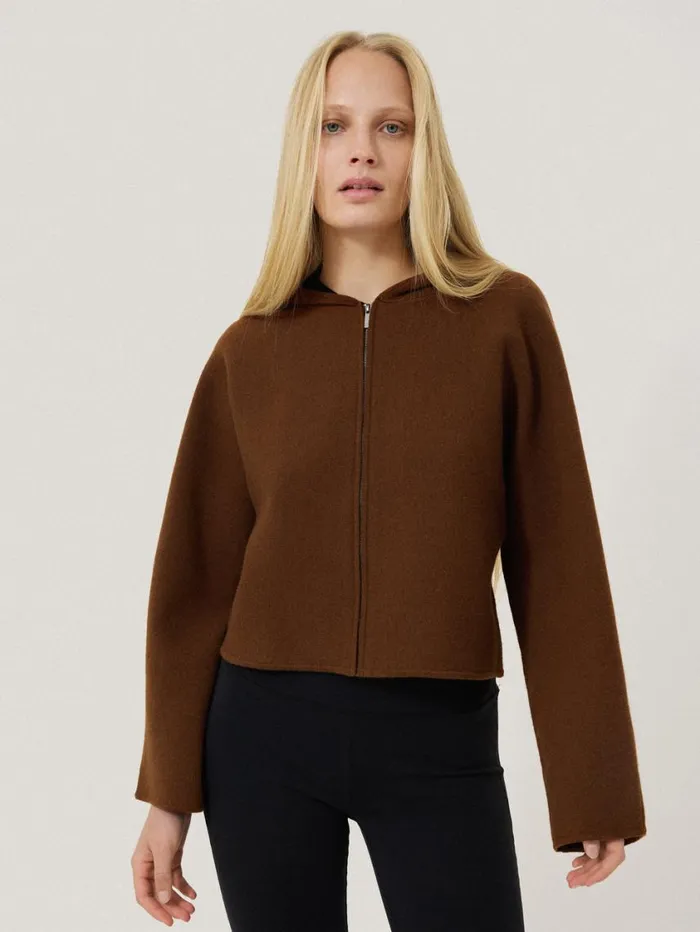 Jigsaw Double Face Zip Hoodie Brown Women Shirts and Tops