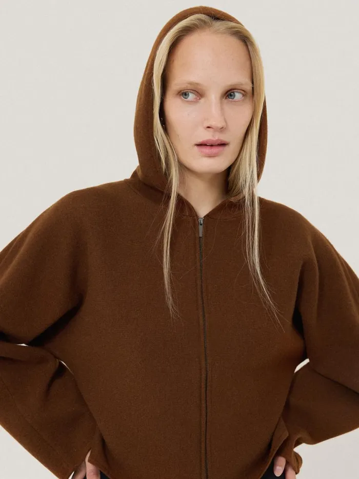 Jigsaw Double Face Zip Hoodie Brown Women Shirts and Tops